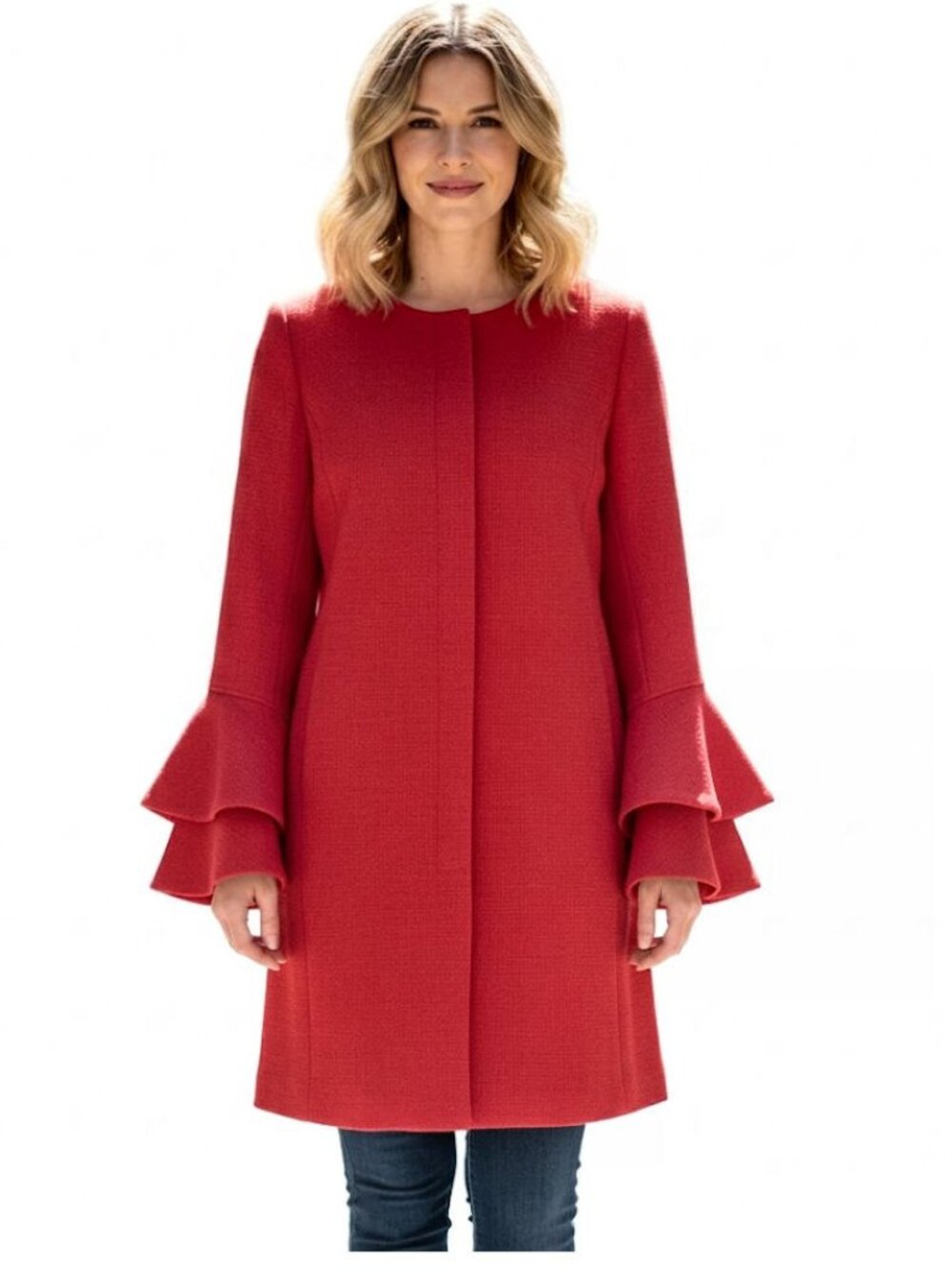 EMERSON ROSE Ruffle Sleeve Long Jacket, Red, Womens Size Large